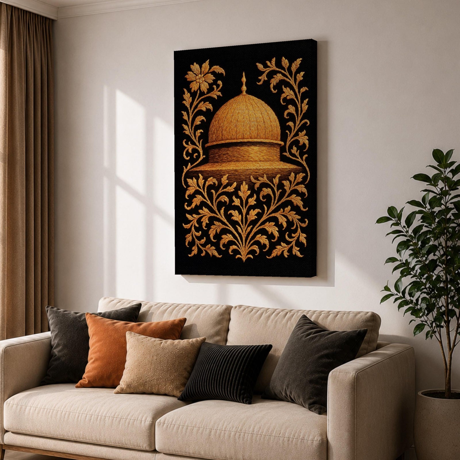 Masjid Al Aqsa wall art featuring the golden Dome of the Rock in Jerusalem surrounded by ornate gold floral embroidery style patterns. Islamic artwork inspired by traditional decorative motifs and sacred mosque architecture. Framed canvas Islamic decor for Muslim homes.