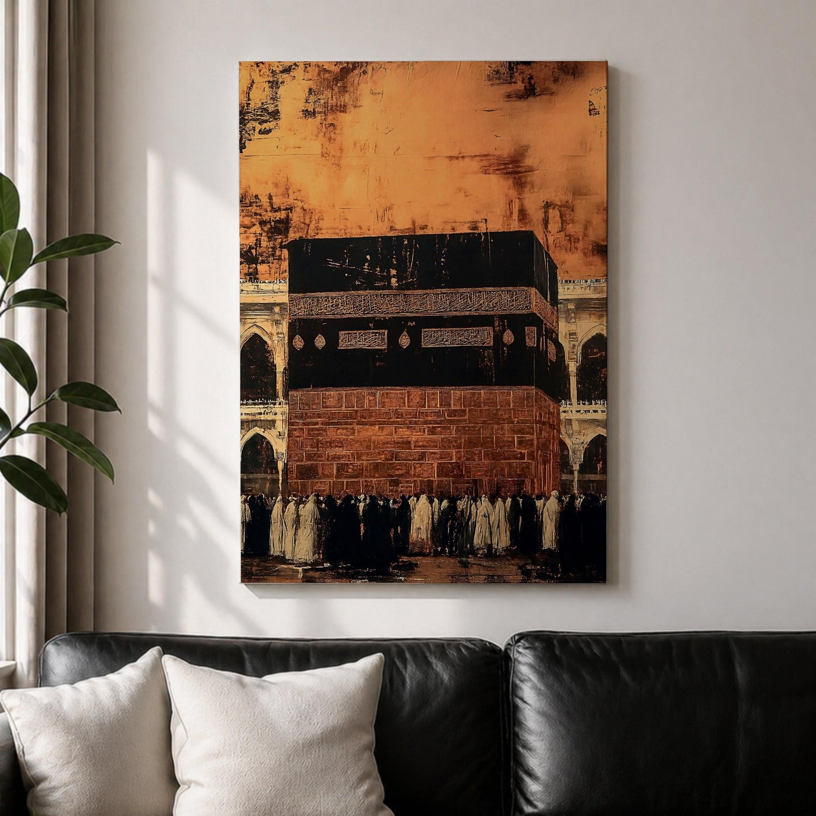 Kaaba wall art featuring a close view of the sacred Kaaba at Masjid al-Haram in Mecca with pilgrims gathered during Hajj pilgrimage and Umrah. Vintage Islamic artwork showing the iconic black cube and mosque arches, framed canvas decor for Muslim homes and spiritual interiors.