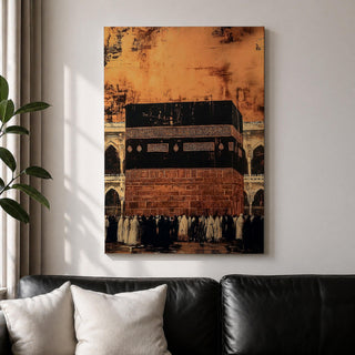 Kaaba wall art featuring a close view of the sacred Kaaba at Masjid al-Haram in Mecca with pilgrims gathered during Hajj pilgrimage and Umrah. Vintage Islamic artwork showing the iconic black cube and mosque arches, framed canvas decor for Muslim homes and spiritual interiors.