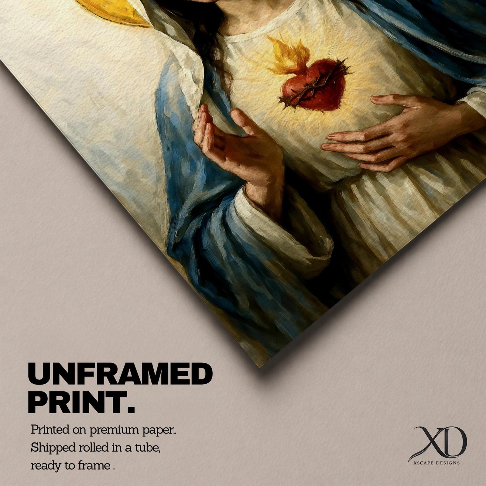 Vintage devotional illustration of the Virgin Mary presenting the Sacred Heart of Mary glowing at her chest, encircled with roses and radiant light, shown with a serene expression and open hands, wearing flowing robes and a soft halo, rendered in warm antique tones with delicate shading in a traditional Marian Catholic composition.