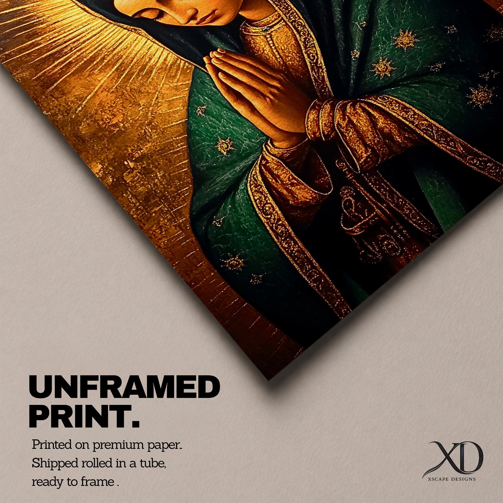 Vintage devotional illustration of Mary of Guadalupe also known as La Guadalupana standing with hands clasped in prayer, wearing a rose colored gown and a teal mantle covered with gold stars, surrounded by radiant golden rays with a small angel beneath her, rendered in warm antique tones with delicate shading in traditional Mexican Catholic icon style.