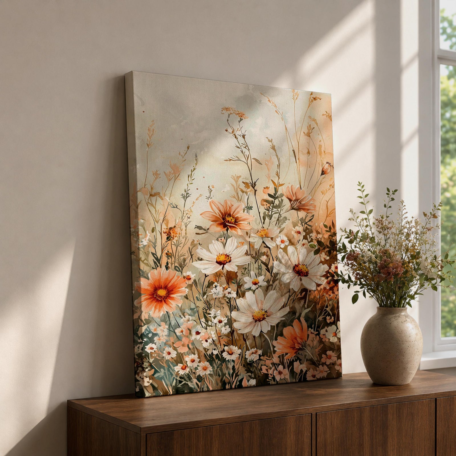 A framed watercolor painting of wildflowers and meadow flowers featuring delicate white and orange blossoms with slender stems and leaves, arranged in a natural field composition with a soft, airy background evoking a cottage floral theme.