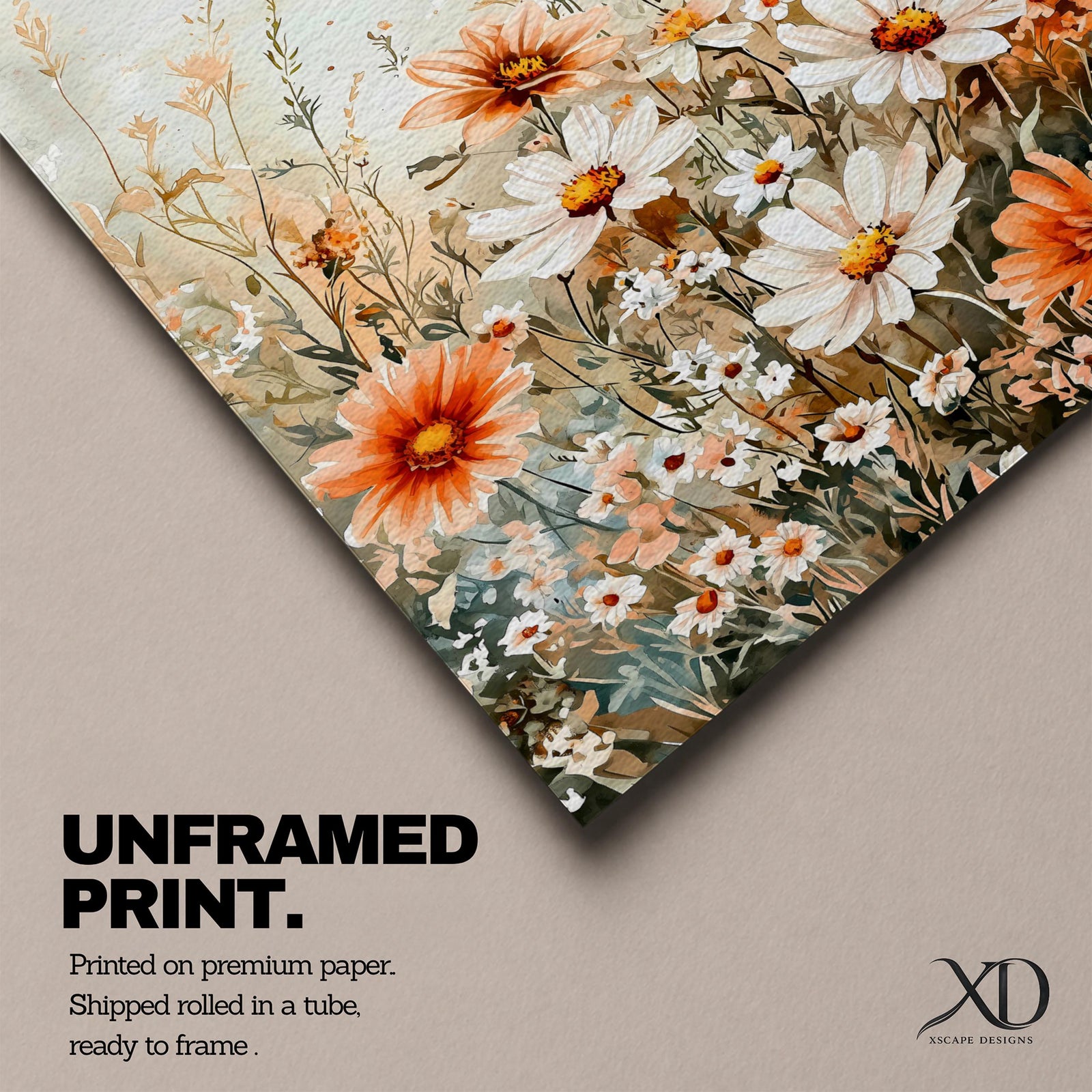 A framed watercolor painting of wildflowers and meadow flowers featuring delicate white and orange blossoms with slender stems and leaves, arranged in a natural field composition with a soft, airy background evoking a cottage floral theme.