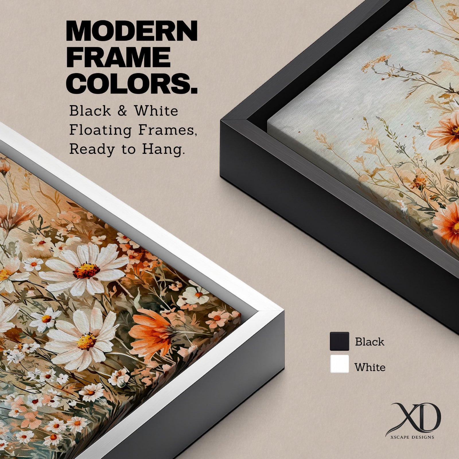 A framed watercolor painting of wildflowers and meadow flowers featuring delicate white and orange blossoms with slender stems and leaves, arranged in a natural field composition with a soft, airy background evoking a cottage floral theme.