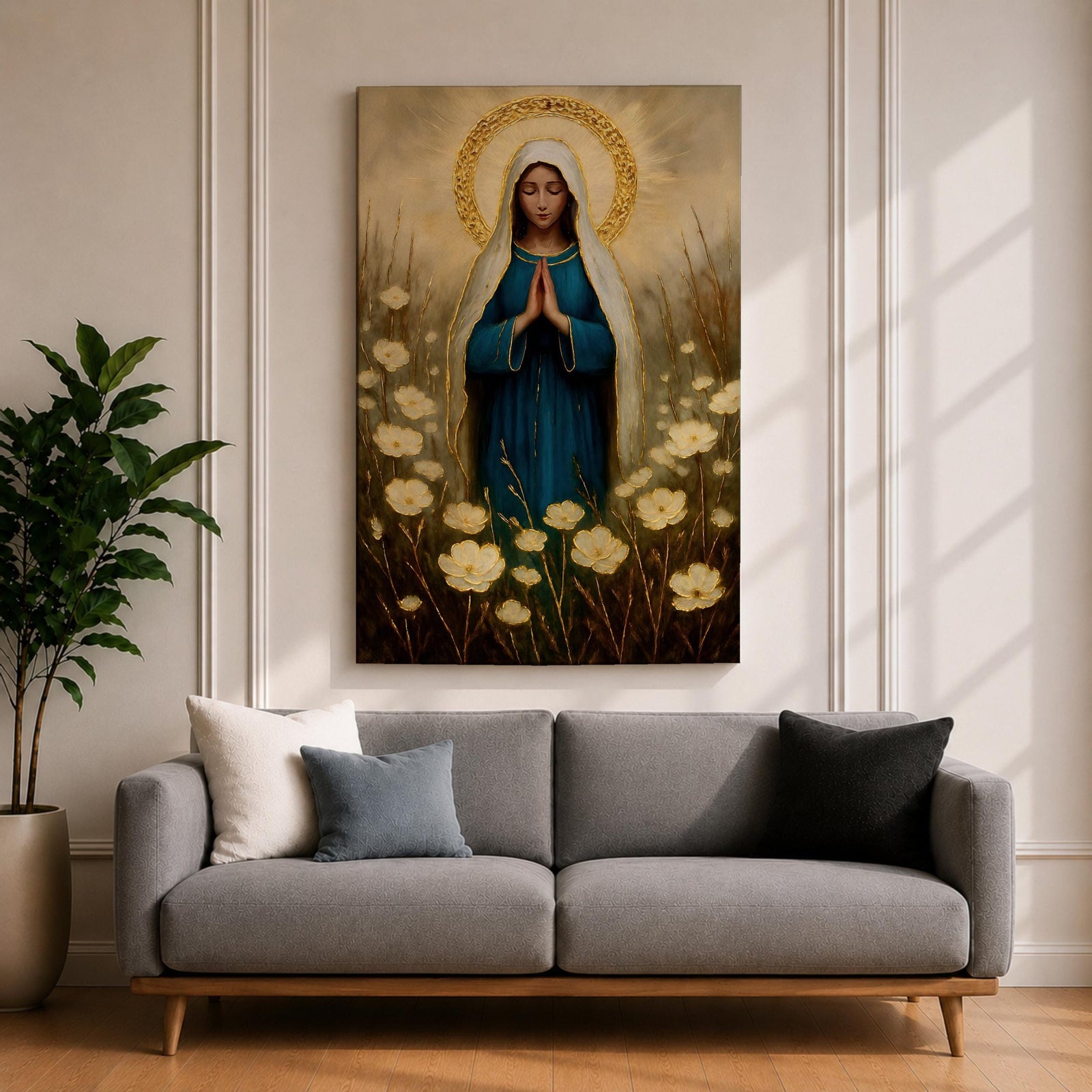 Illustration of the Virgin Mary portrayed as Our Lady of Grace standing with open arms and a gentle expression, wearing flowing white and blue robes with a soft halo surrounding her head, accented by decorative floral elements and soft radiant light, rendered with delicate shading in a Marian Catholic devotional composition.