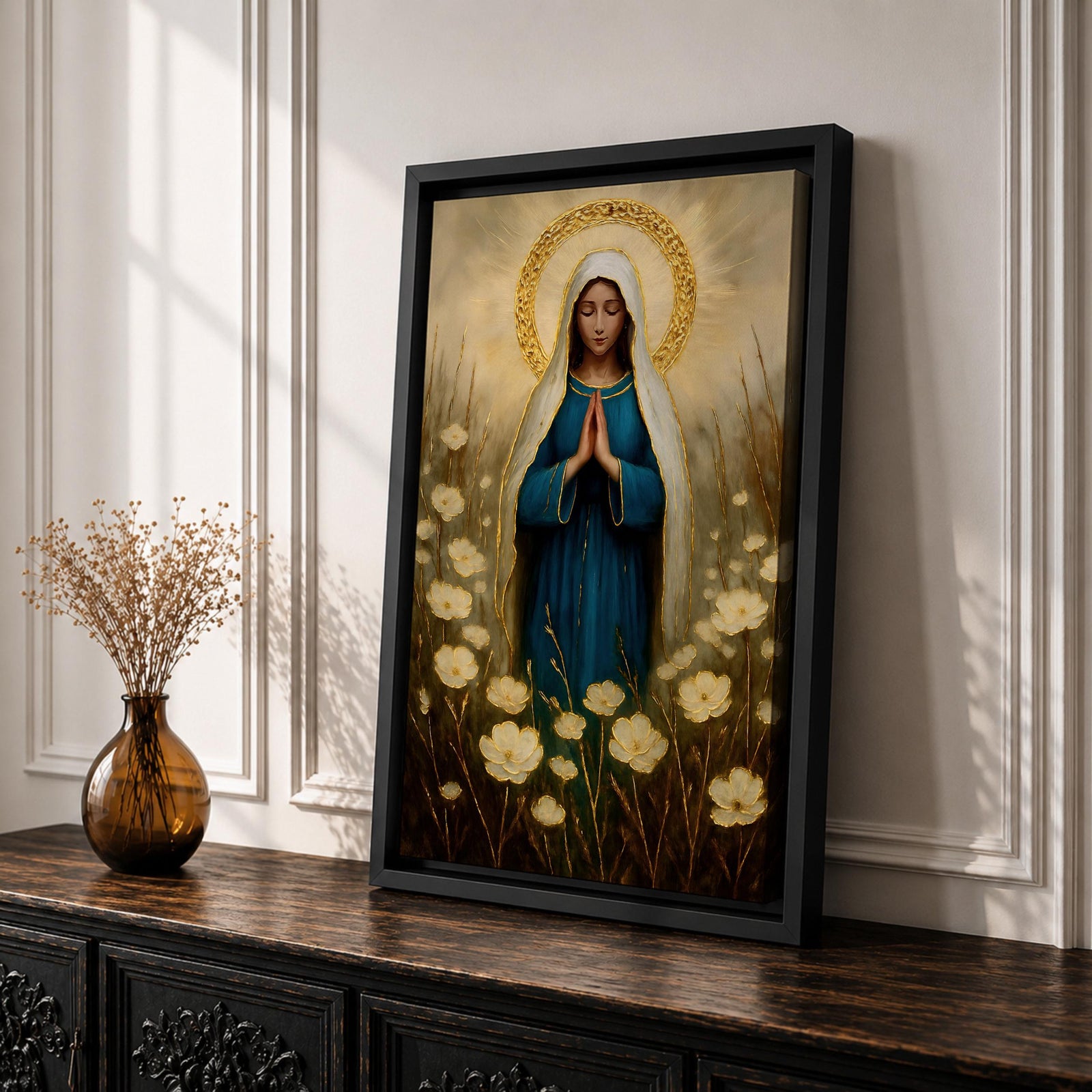 Illustration of the Virgin Mary portrayed as Our Lady of Grace standing with open arms and a gentle expression, wearing flowing white and blue robes with a soft halo surrounding her head, accented by decorative floral elements and soft radiant light, rendered with delicate shading in a Marian Catholic devotional composition.