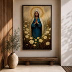 Illustration of the Virgin Mary portrayed as Our Lady of Grace standing with open arms and a gentle expression, wearing flowing white and blue robes with a soft halo surrounding her head, accented by decorative floral elements and soft radiant light, rendered with delicate shading in a Marian Catholic devotional composition.