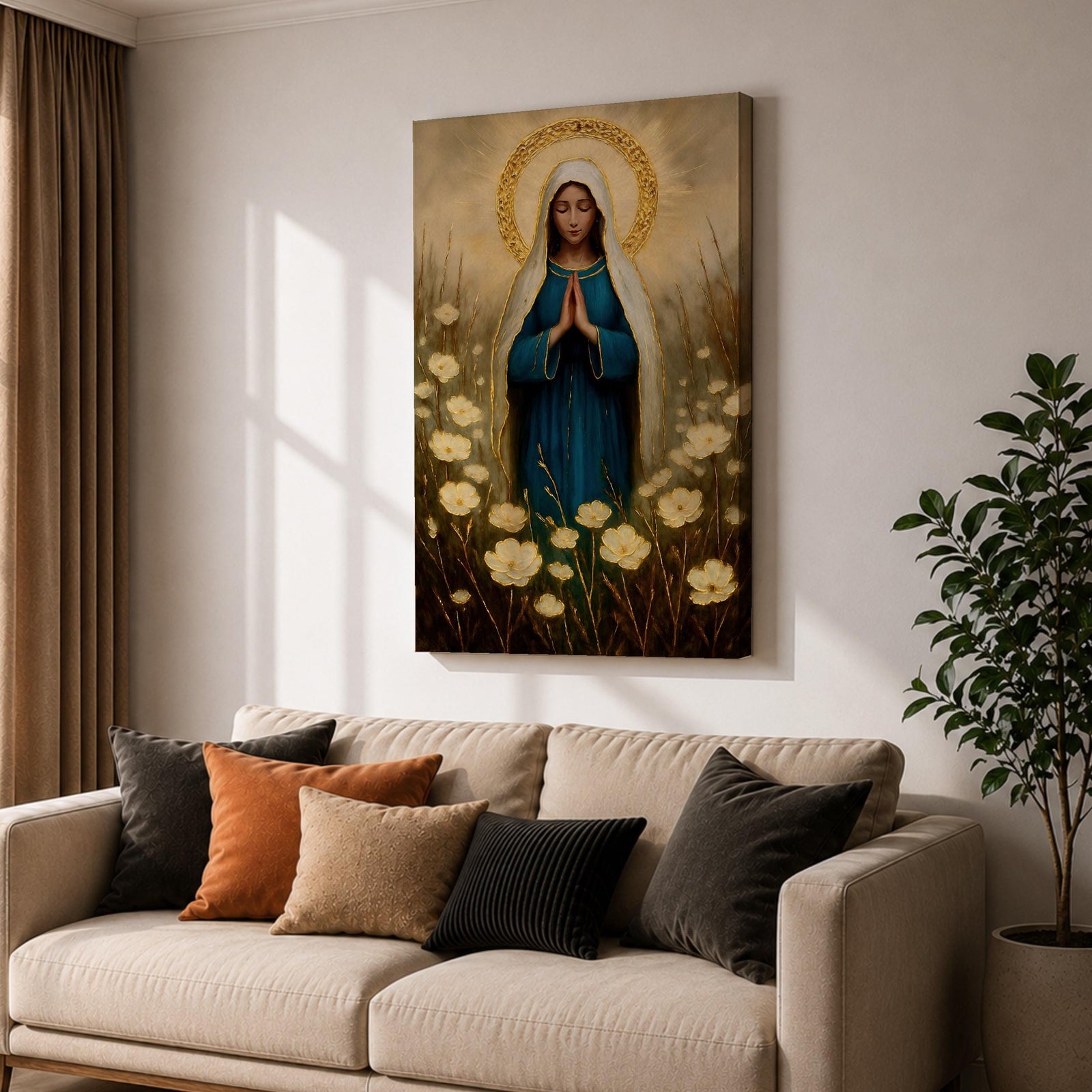 Illustration of the Virgin Mary portrayed as Our Lady of Grace standing with open arms and a gentle expression, wearing flowing white and blue robes with a soft halo surrounding her head, accented by decorative floral elements and soft radiant light, rendered with delicate shading in a Marian Catholic devotional composition.