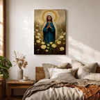 Illustration of the Virgin Mary portrayed as Our Lady of Grace standing with open arms and a gentle expression, wearing flowing white and blue robes with a soft halo surrounding her head, accented by decorative floral elements and soft radiant light, rendered with delicate shading in a Marian Catholic devotional composition.