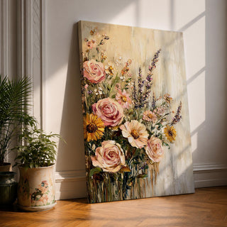 A vintage-style floral bouquet painting featuring textured roses, daisies, and wildflowers arranged in a loose, natural composition. The artwork uses thick impasto brushstrokes to create a rustic cottagecore aesthetic with soft, muted tones and a classic floral theme.