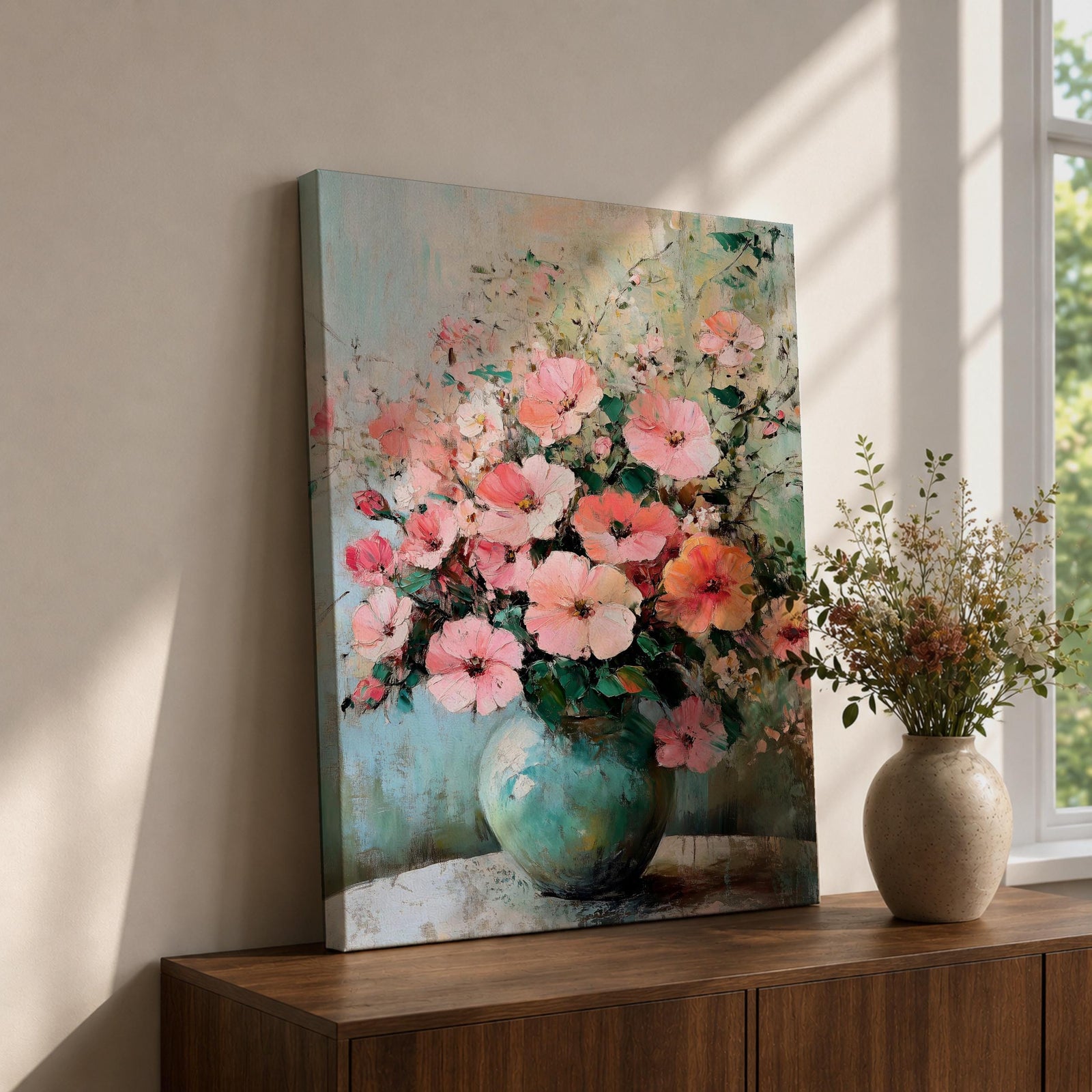 A vintage style floral still life painting featuring a bouquet of pink flowers arranged in a green vase. The artwork is rendered with textured brushstrokes and soft edges, capturing the delicate petals and lush greenery in an impressionistic manner on a muted background.