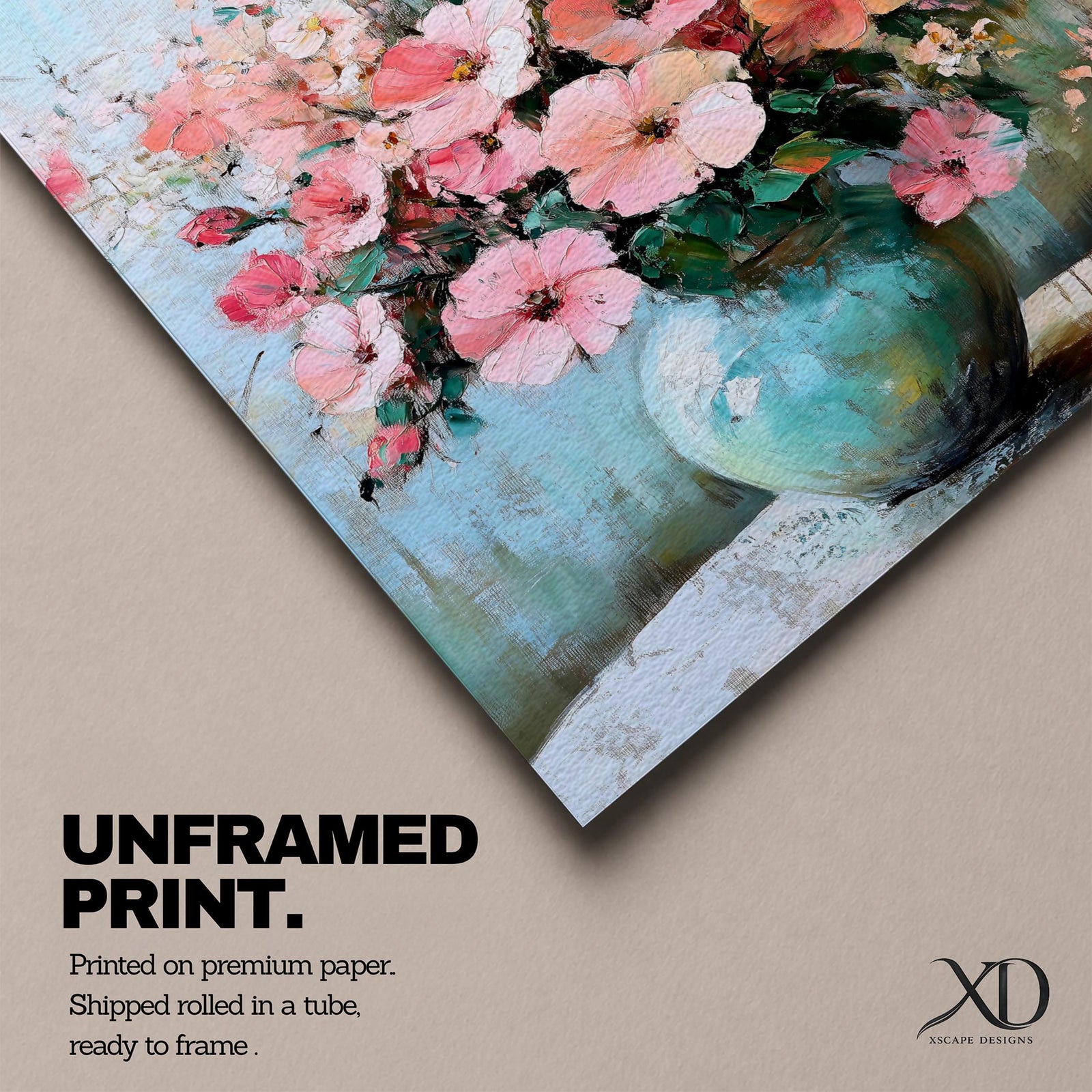 A vintage style floral still life painting featuring a bouquet of pink flowers arranged in a green vase. The artwork is rendered with textured brushstrokes and soft edges, capturing the delicate petals and lush greenery in an impressionistic manner on a muted background.