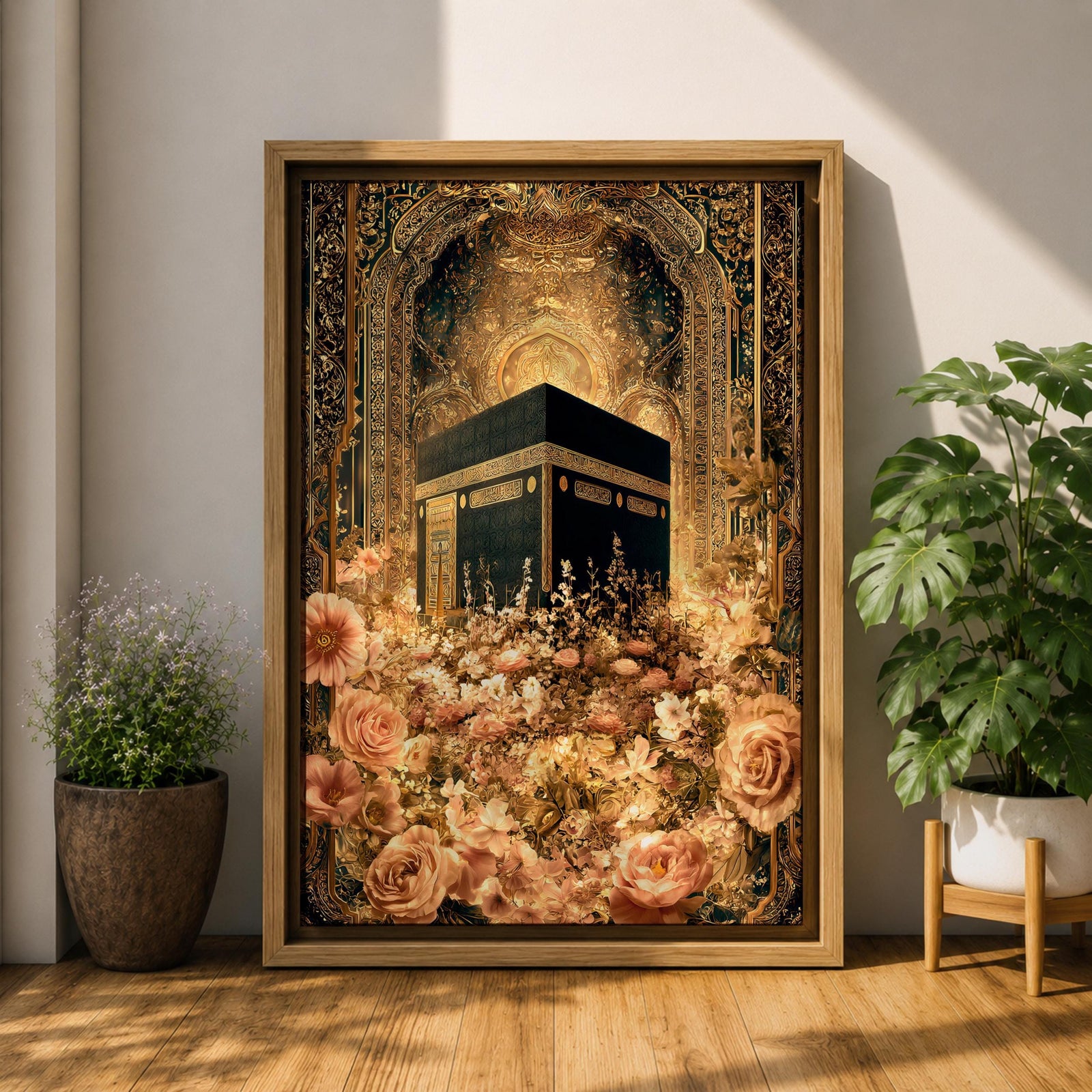 Ornate Islamic artwork of the Kaaba framed by a richly decorated mihrab with golden floral elements and intricate Ottoman-style patterns.