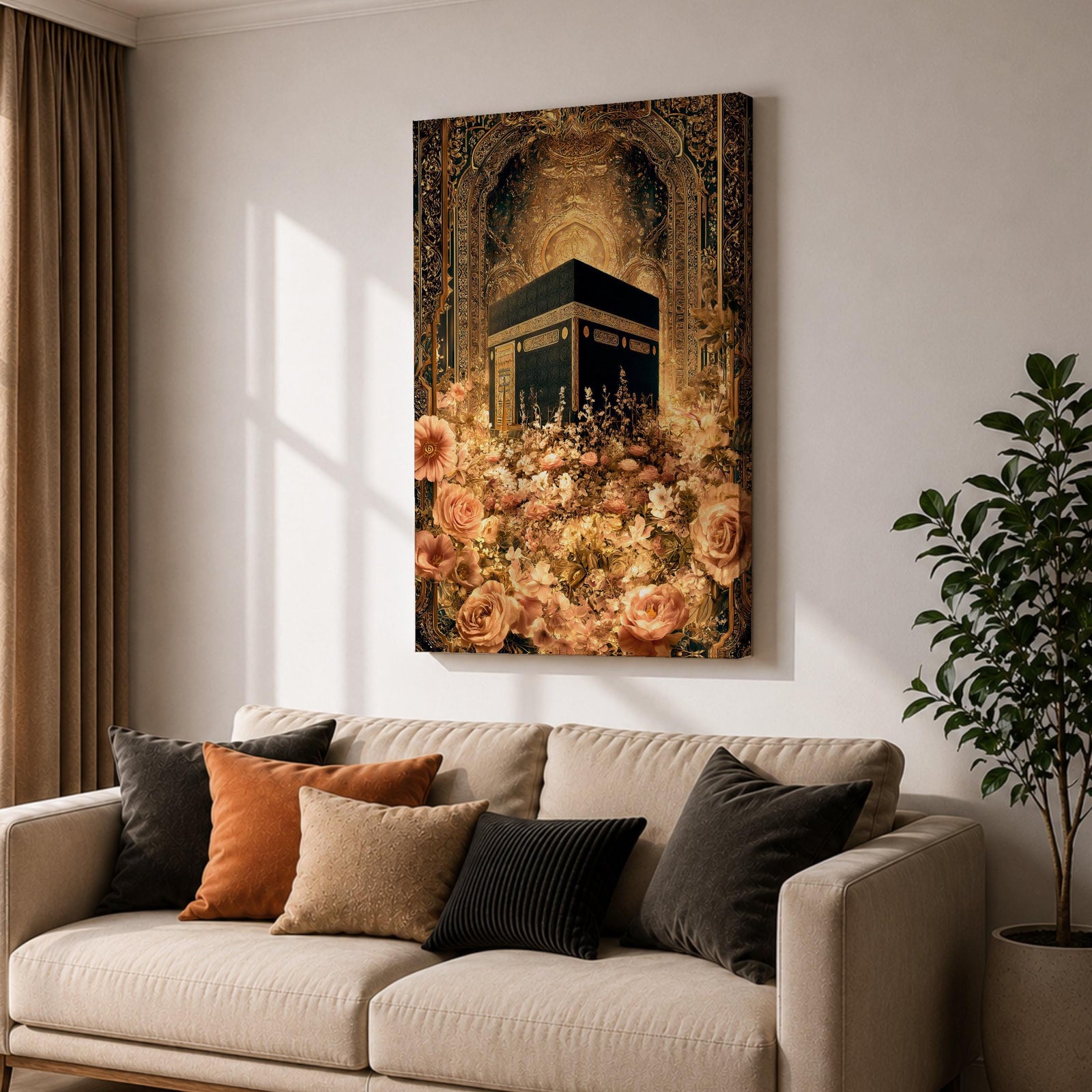 Ornate Islamic artwork of the Kaaba framed by a richly decorated mihrab with golden floral elements and intricate Ottoman-style patterns.