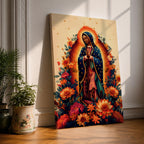 A devotional depiction of La Guadalupana as Our Lady of Guadalupe standing with hands clasped in prayer, wearing a rose pink gown and a teal mantle covered with gold stars, surrounded by radiant golden rays and standing above a crescent moon with an angel beneath, framed with floral elements in traditional Mexican Catholic style.