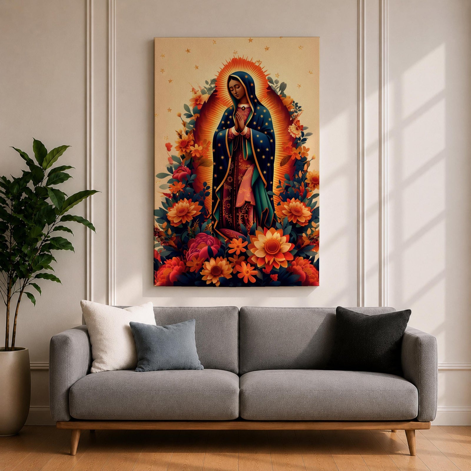 A devotional depiction of La Guadalupana as Our Lady of Guadalupe standing with hands clasped in prayer, wearing a rose pink gown and a teal mantle covered with gold stars, surrounded by radiant golden rays and standing above a crescent moon with an angel beneath, framed with floral elements in traditional Mexican Catholic style.