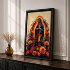 A devotional depiction of La Guadalupana as Our Lady of Guadalupe standing with hands clasped in prayer, wearing a rose pink gown and a teal mantle covered with gold stars, surrounded by radiant golden rays and standing above a crescent moon with an angel beneath, framed with floral elements in traditional Mexican Catholic style.