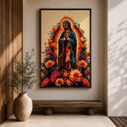 A devotional depiction of La Guadalupana as Our Lady of Guadalupe standing with hands clasped in prayer, wearing a rose pink gown and a teal mantle covered with gold stars, surrounded by radiant golden rays and standing above a crescent moon with an angel beneath, framed with floral elements in traditional Mexican Catholic style.