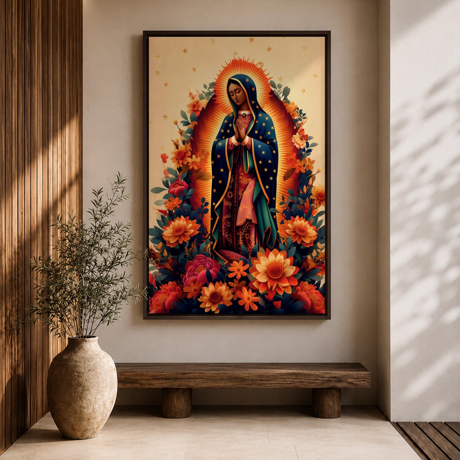A devotional depiction of La Guadalupana as Our Lady of Guadalupe standing with hands clasped in prayer, wearing a rose pink gown and a teal mantle covered with gold stars, surrounded by radiant golden rays and standing above a crescent moon with an angel beneath, framed with floral elements in traditional Mexican Catholic style.