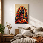 A devotional depiction of La Guadalupana as Our Lady of Guadalupe standing with hands clasped in prayer, wearing a rose pink gown and a teal mantle covered with gold stars, surrounded by radiant golden rays and standing above a crescent moon with an angel beneath, framed with floral elements in traditional Mexican Catholic style.