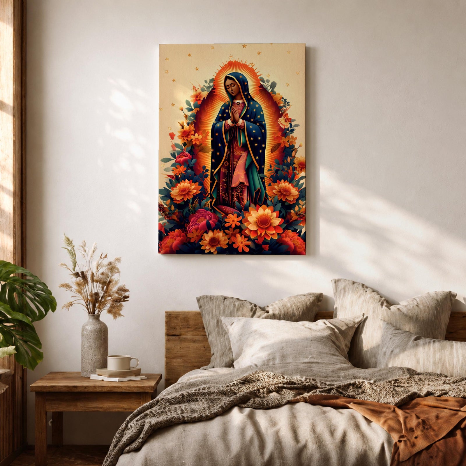 A devotional depiction of La Guadalupana as Our Lady of Guadalupe standing with hands clasped in prayer, wearing a rose pink gown and a teal mantle covered with gold stars, surrounded by radiant golden rays and standing above a crescent moon with an angel beneath, framed with floral elements in traditional Mexican Catholic style.