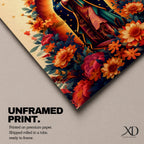 A devotional depiction of La Guadalupana as Our Lady of Guadalupe standing with hands clasped in prayer, wearing a rose pink gown and a teal mantle covered with gold stars, surrounded by radiant golden rays and standing above a crescent moon with an angel beneath, framed with floral elements in traditional Mexican Catholic style.