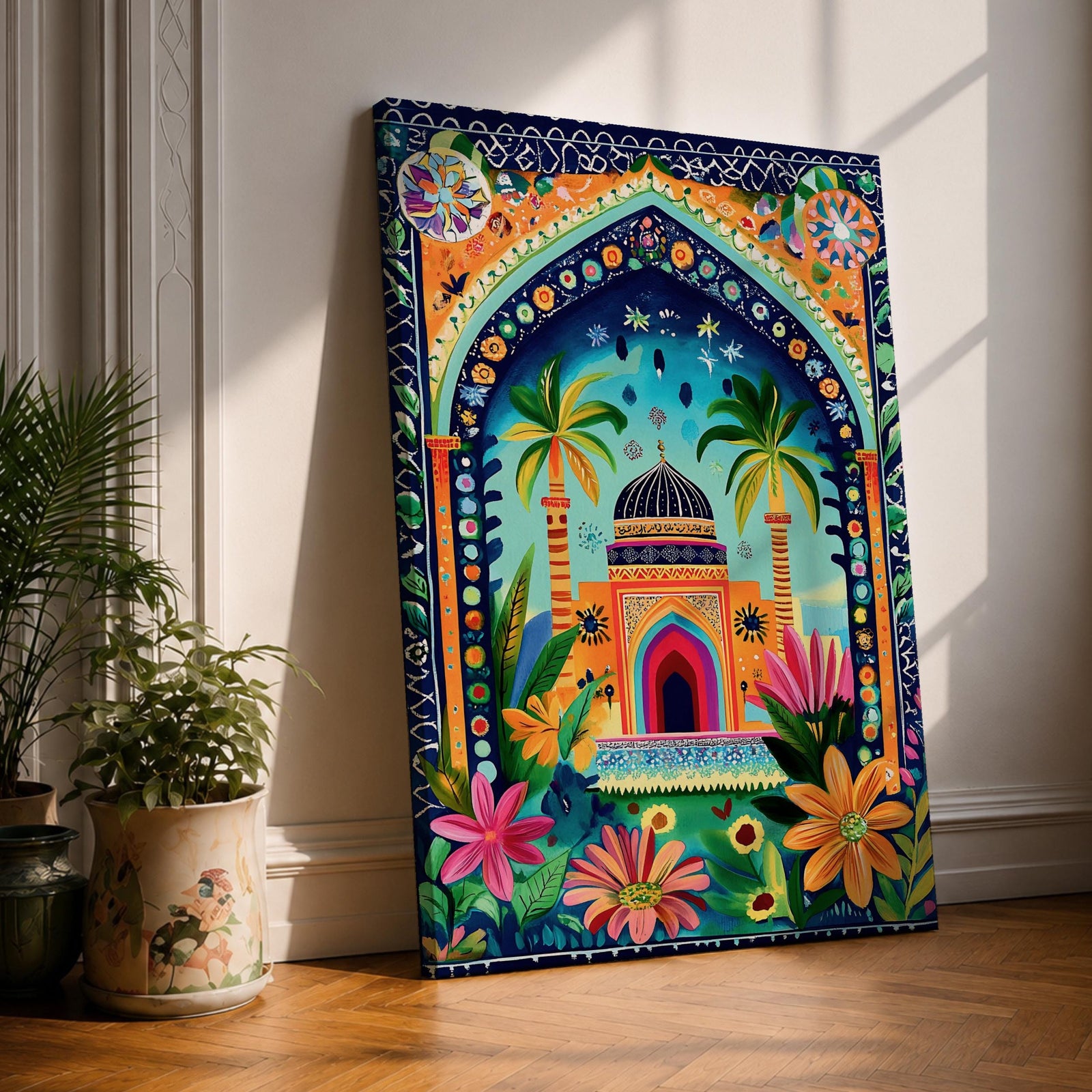 Colorful illustrated artwork of a domed Islamic mosque framed by a decorative floral archway with palm trees, vibrant flowers, and lush garden plants surrounding a bright courtyard.