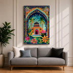 Colorful illustrated artwork of a domed Islamic mosque framed by a decorative floral archway with palm trees, vibrant flowers, and lush garden plants surrounding a bright courtyard.