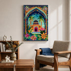 Colorful illustrated artwork of a domed Islamic mosque framed by a decorative floral archway with palm trees, vibrant flowers, and lush garden plants surrounding a bright courtyard.