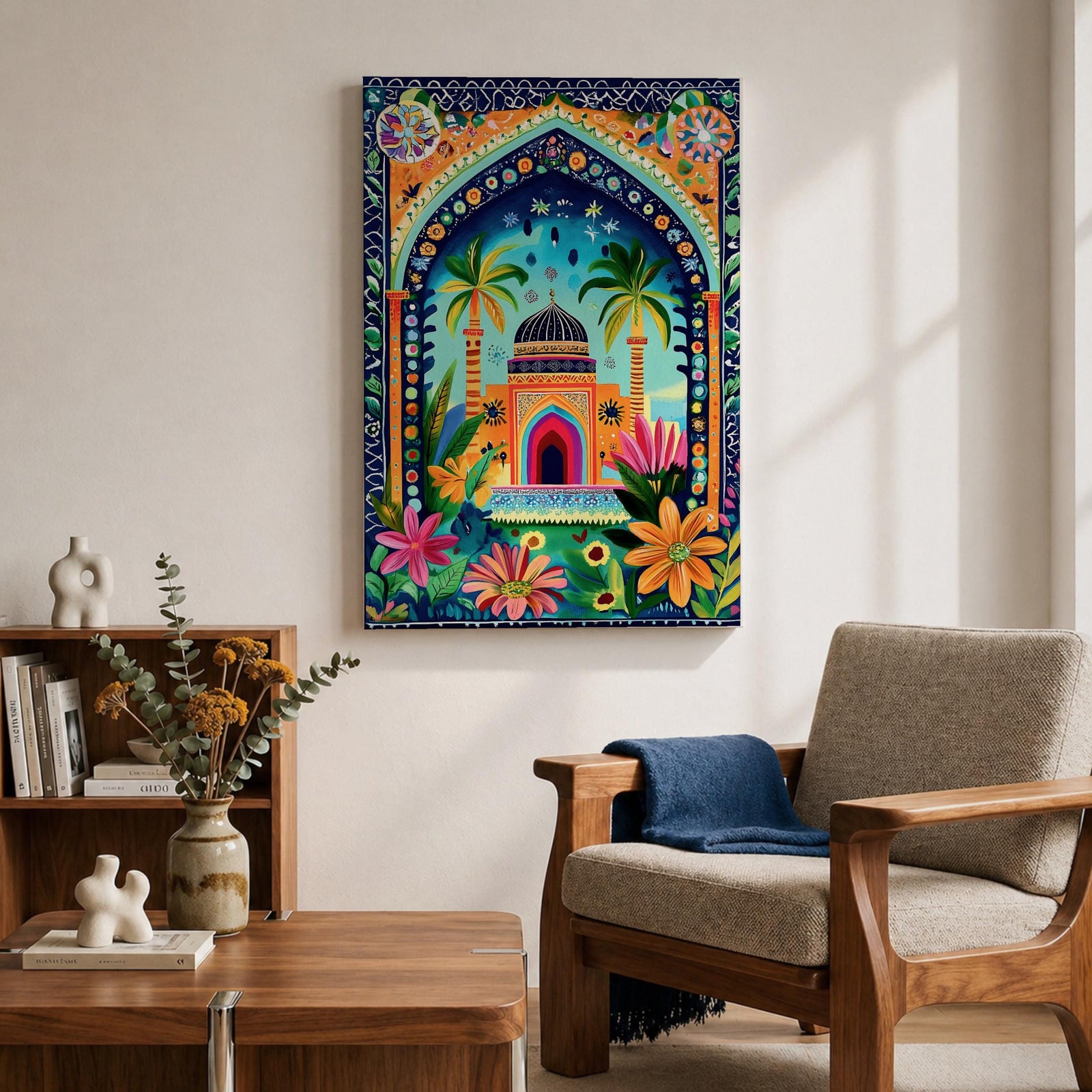 Colorful illustrated artwork of a domed Islamic mosque framed by a decorative floral archway with palm trees, vibrant flowers, and lush garden plants surrounding a bright courtyard.