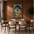 Colorful illustrated artwork of a domed Islamic mosque framed by a decorative floral archway with palm trees, vibrant flowers, and lush garden plants surrounding a bright courtyard.