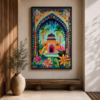 Colorful illustrated artwork of a domed Islamic mosque framed by a decorative floral archway with palm trees, vibrant flowers, and lush garden plants surrounding a bright courtyard.