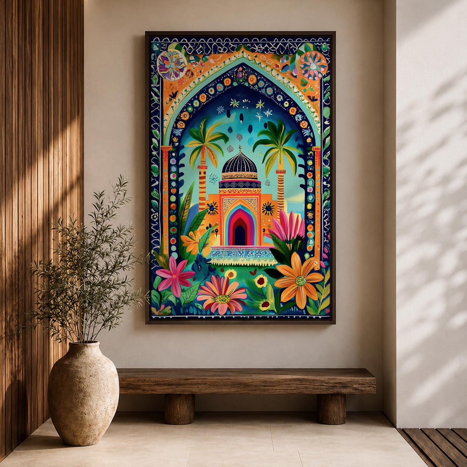 Colorful illustrated artwork of a domed Islamic mosque framed by a decorative floral archway with palm trees, vibrant flowers, and lush garden plants surrounding a bright courtyard.