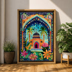 Colorful illustrated artwork of a domed Islamic mosque framed by a decorative floral archway with palm trees, vibrant flowers, and lush garden plants surrounding a bright courtyard.