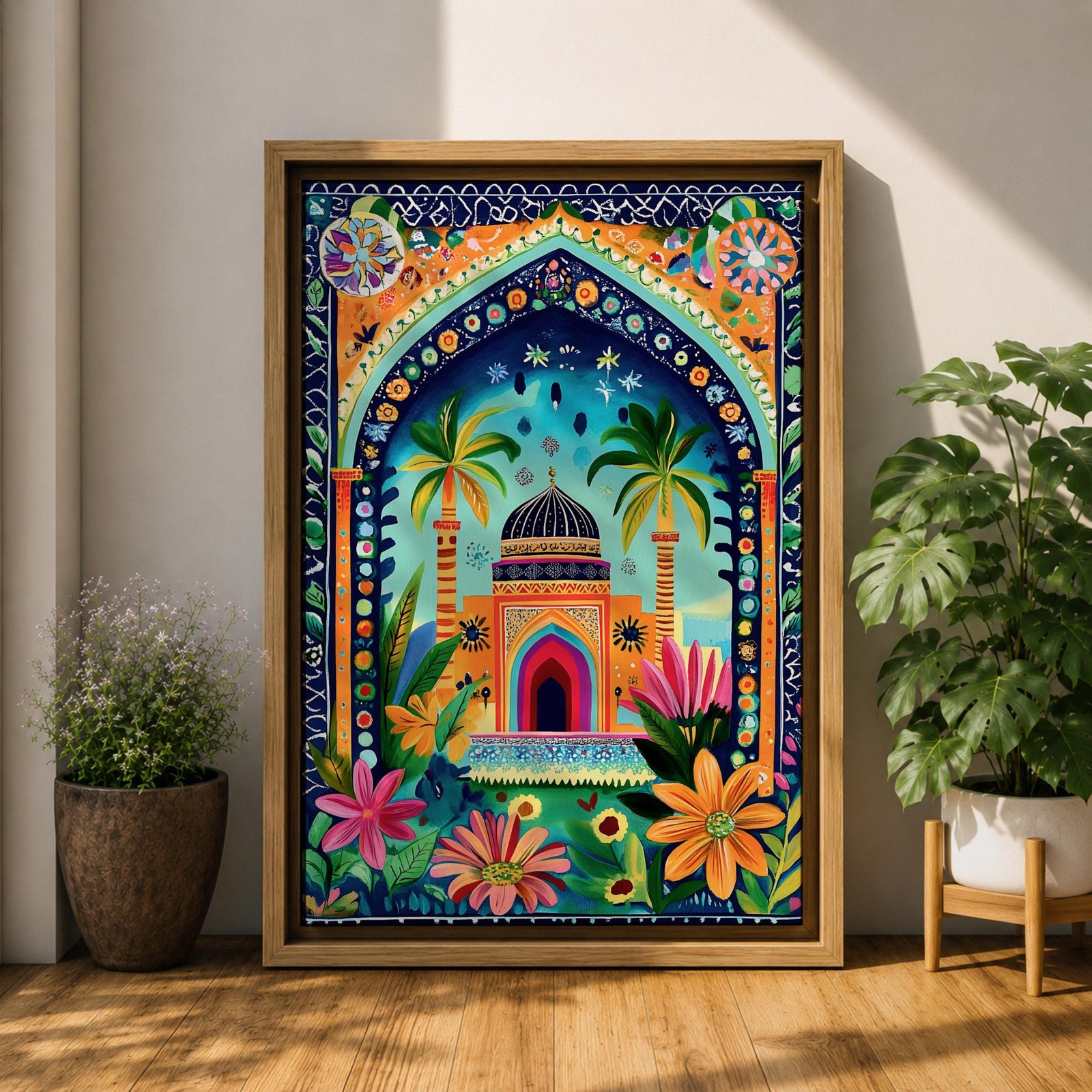 Colorful illustrated artwork of a domed Islamic mosque framed by a decorative floral archway with palm trees, vibrant flowers, and lush garden plants surrounding a bright courtyard.