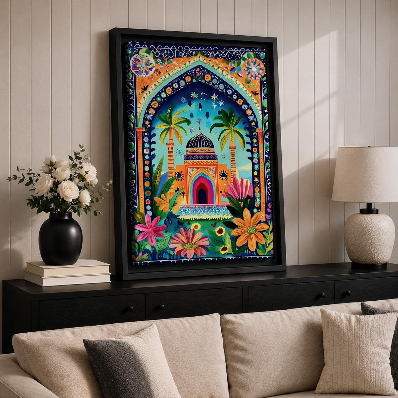 Colorful illustrated artwork of a domed Islamic mosque framed by a decorative floral archway with palm trees, vibrant flowers, and lush garden plants surrounding a bright courtyard.