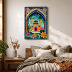 Colorful illustrated artwork of a domed Islamic mosque framed by a decorative floral archway with palm trees, vibrant flowers, and lush garden plants surrounding a bright courtyard.