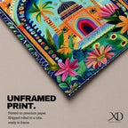 Colorful illustrated artwork of a domed Islamic mosque framed by a decorative floral archway with palm trees, vibrant flowers, and lush garden plants surrounding a bright courtyard.