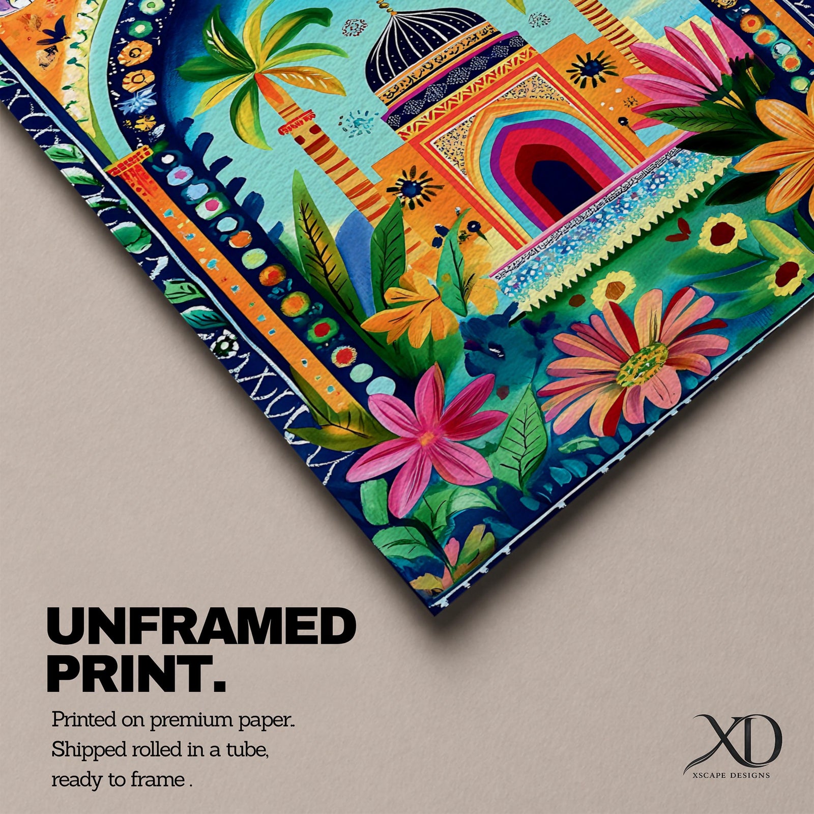 Colorful illustrated artwork of a domed Islamic mosque framed by a decorative floral archway with palm trees, vibrant flowers, and lush garden plants surrounding a bright courtyard.
