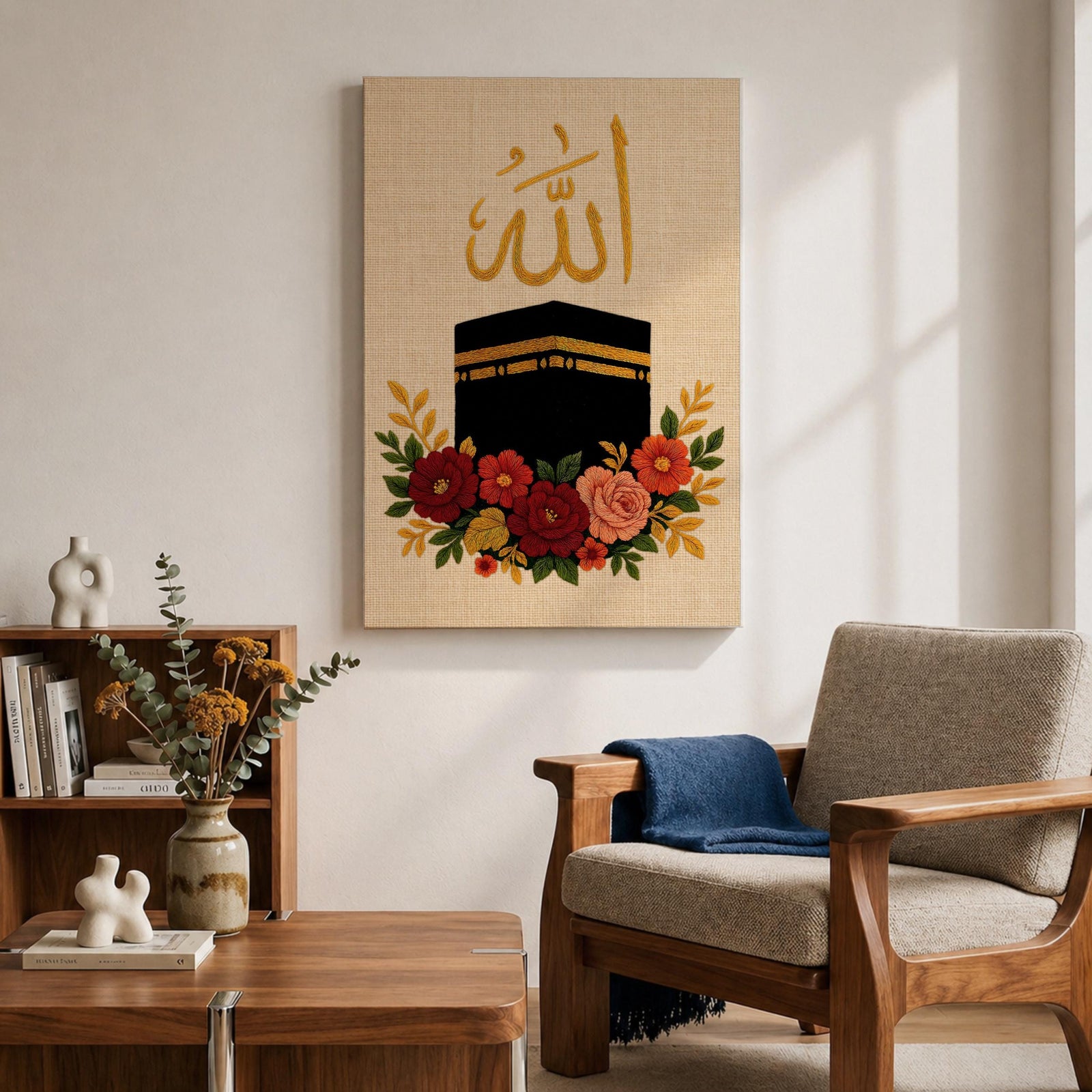 Kaaba wall art featuring Arabic calligraphy of Allah above the sacred Kaaba at Masjid Al-Haram in Mecca with colorful floral embroidery details. Islamic artwork highlighting the holy mosque and calligraphy displayed as framed canvas decor for Muslim homes.