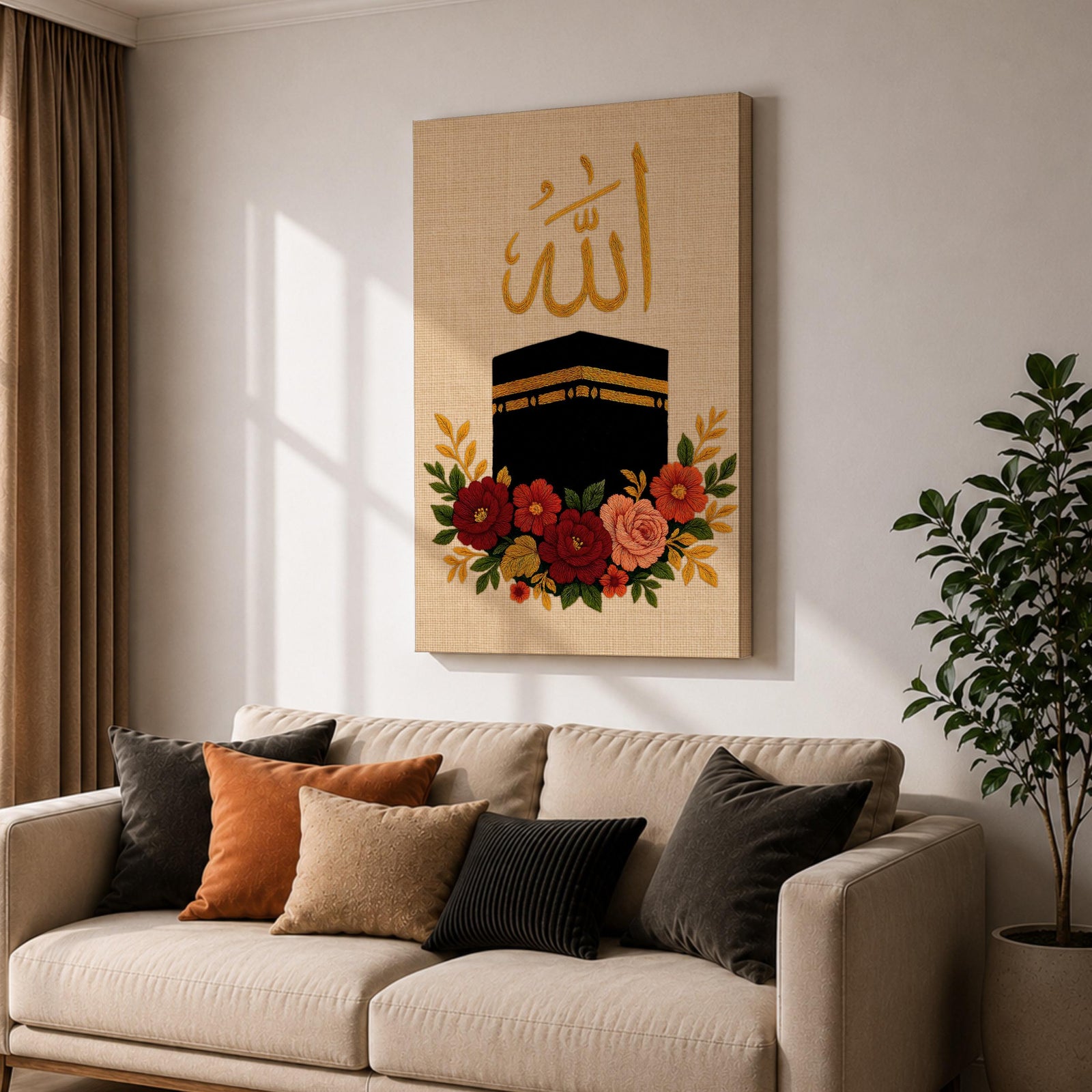 Kaaba wall art featuring Arabic calligraphy of Allah above the sacred Kaaba at Masjid Al-Haram in Mecca with colorful floral embroidery details. Islamic artwork highlighting the holy mosque and calligraphy displayed as framed canvas decor for Muslim homes.