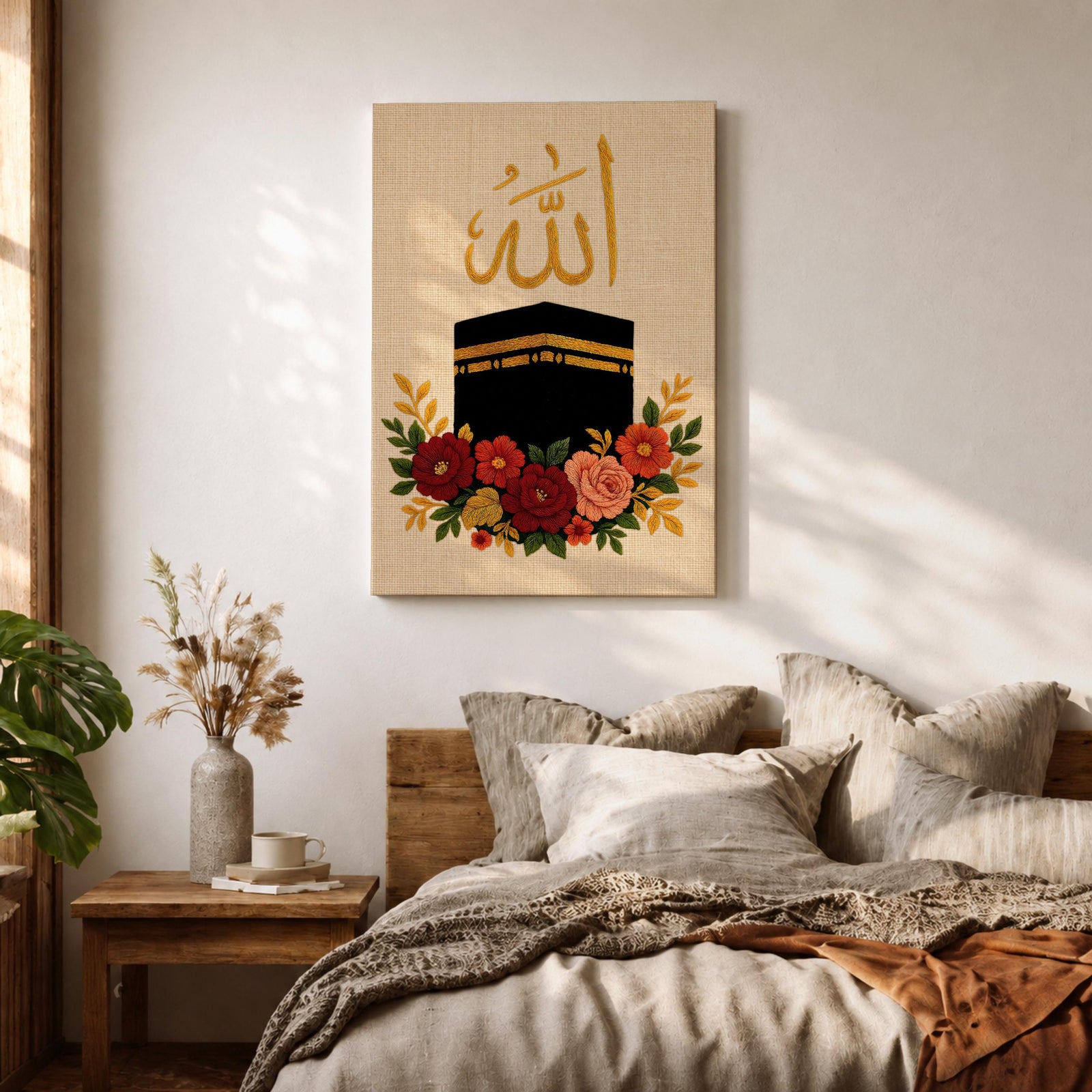 Kaaba wall art featuring Arabic calligraphy of Allah above the sacred Kaaba at Masjid Al-Haram in Mecca with colorful floral embroidery details. Islamic artwork highlighting the holy mosque and calligraphy displayed as framed canvas decor for Muslim homes.
