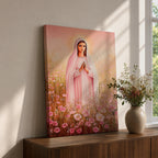 Illustration of Saint Mary portrayed as the Blessed Virgin with a calm expression and gentle gaze, wearing flowing robes and a soft halo, surrounded by decorative floral elements that frame her figure, rendered with delicate shading and warm tones in a Marian devotional composition inspired by Christian religious artwork.