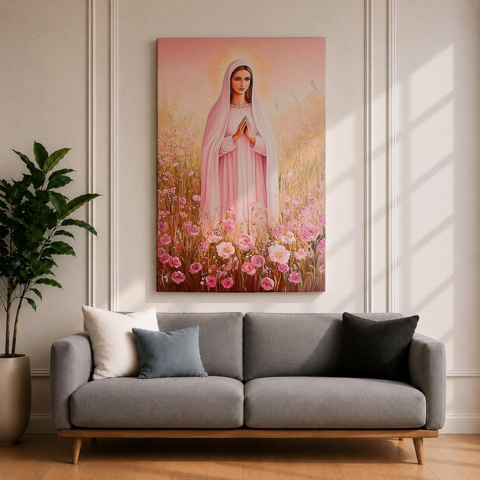 Illustration of Saint Mary portrayed as the Blessed Virgin with a calm expression and gentle gaze, wearing flowing robes and a soft halo, surrounded by decorative floral elements that frame her figure, rendered with delicate shading and warm tones in a Marian devotional composition inspired by Christian religious artwork.