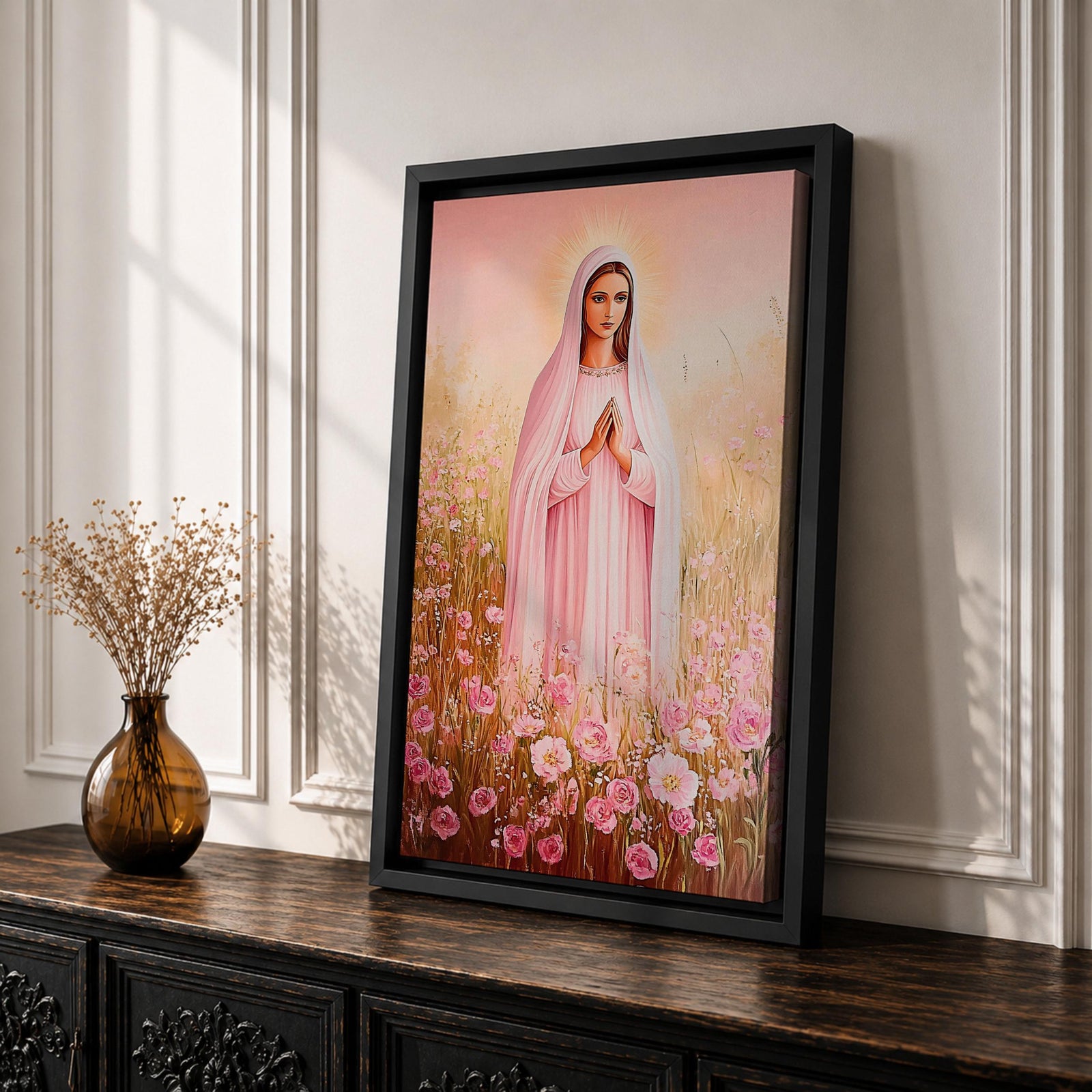 Illustration of Saint Mary portrayed as the Blessed Virgin with a calm expression and gentle gaze, wearing flowing robes and a soft halo, surrounded by decorative floral elements that frame her figure, rendered with delicate shading and warm tones in a Marian devotional composition inspired by Christian religious artwork.