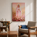 Illustration of Saint Mary portrayed as the Blessed Virgin with a calm expression and gentle gaze, wearing flowing robes and a soft halo, surrounded by decorative floral elements that frame her figure, rendered with delicate shading and warm tones in a Marian devotional composition inspired by Christian religious artwork.