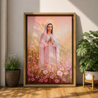 Illustration of Saint Mary portrayed as the Blessed Virgin with a calm expression and gentle gaze, wearing flowing robes and a soft halo, surrounded by decorative floral elements that frame her figure, rendered with delicate shading and warm tones in a Marian devotional composition inspired by Christian religious artwork.