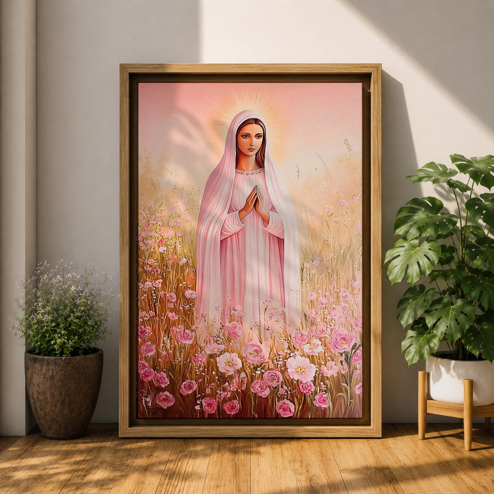Illustration of Saint Mary portrayed as the Blessed Virgin with a calm expression and gentle gaze, wearing flowing robes and a soft halo, surrounded by decorative floral elements that frame her figure, rendered with delicate shading and warm tones in a Marian devotional composition inspired by Christian religious artwork.