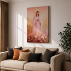 Illustration of Saint Mary portrayed as the Blessed Virgin with a calm expression and gentle gaze, wearing flowing robes and a soft halo, surrounded by decorative floral elements that frame her figure, rendered with delicate shading and warm tones in a Marian devotional composition inspired by Christian religious artwork.