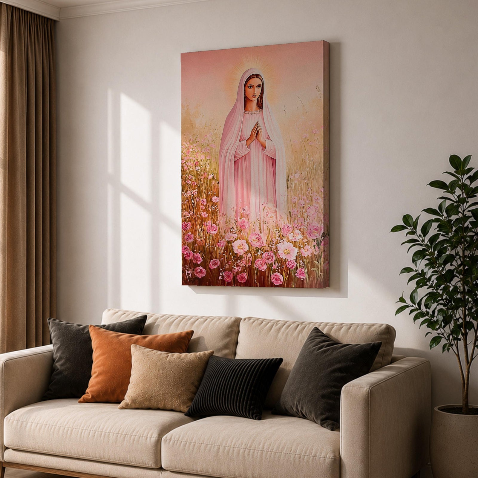 Illustration of Saint Mary portrayed as the Blessed Virgin with a calm expression and gentle gaze, wearing flowing robes and a soft halo, surrounded by decorative floral elements that frame her figure, rendered with delicate shading and warm tones in a Marian devotional composition inspired by Christian religious artwork.